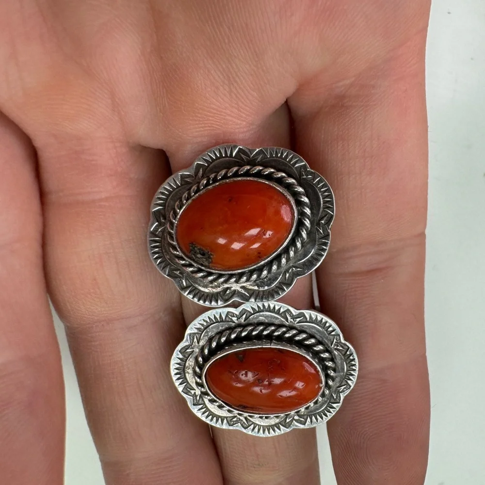 Navajo J. Slifka 925 Sterling silver and coral clip on earrings 11.7g